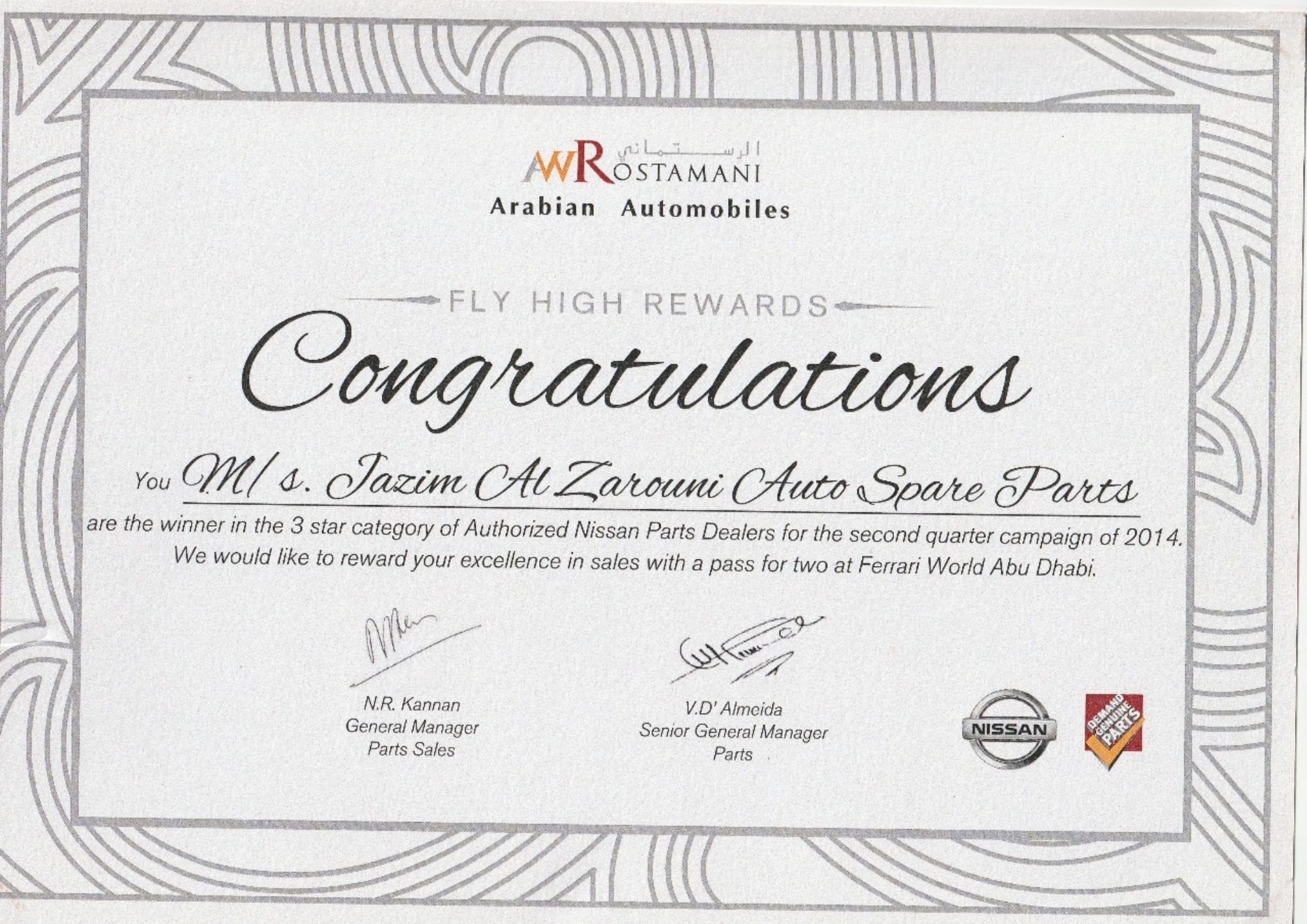 Certificate of excellence in sales from arabian automobiles